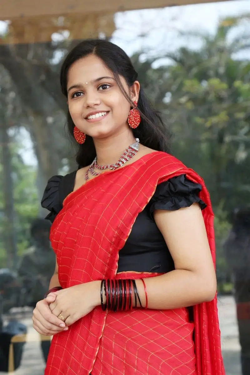 Telugu Girl Prarthana Sandeep In Red Saree Black Blouse